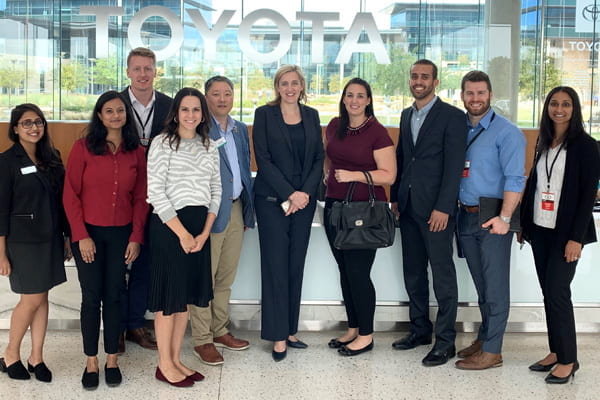 UT Dallas MBA students at a Toyota corporate MBA career path visit with the Career Management Center dean
